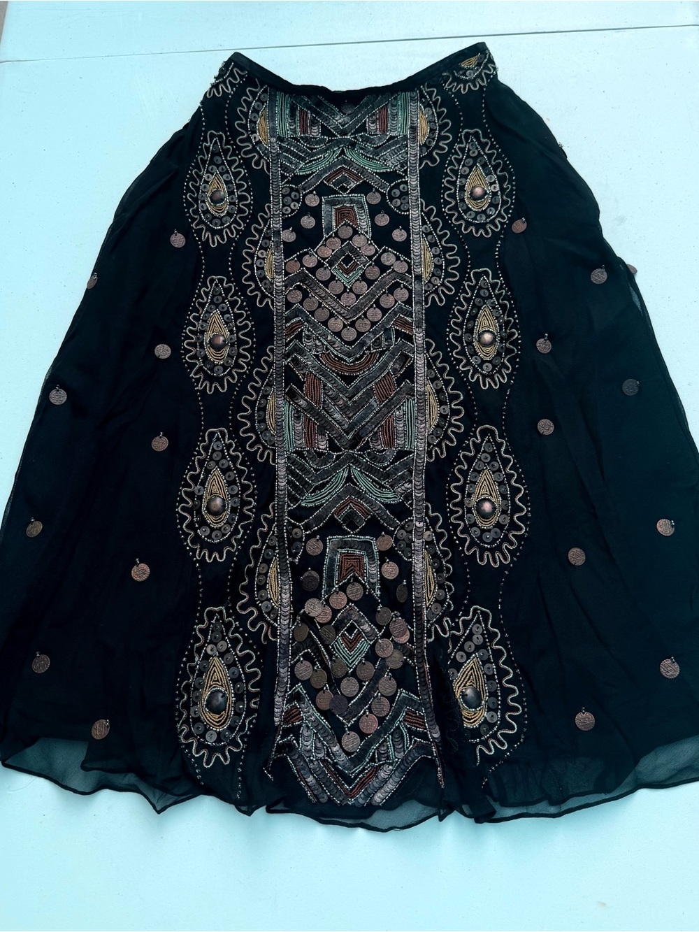 Vintage Silk Boston Proper Black A-Line midi Skirt with Metallic beaded coin